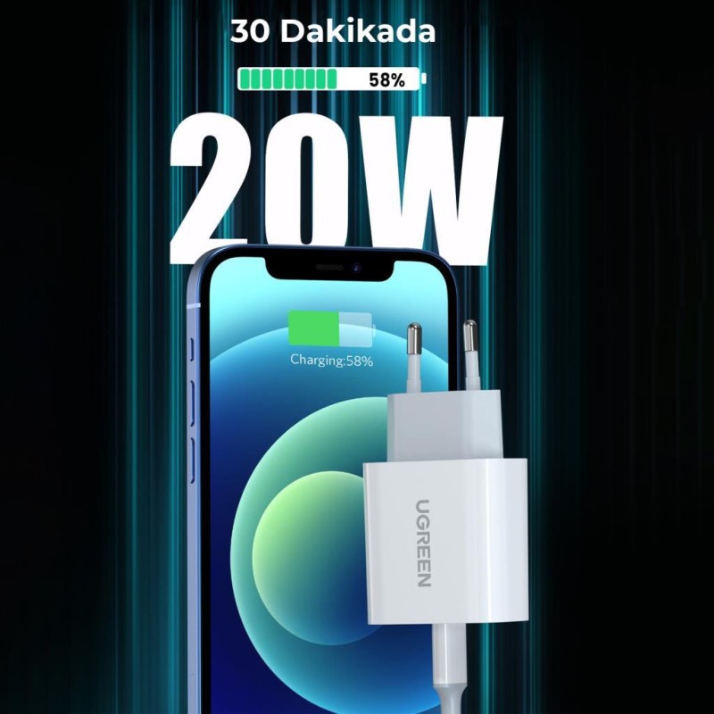 Ugreen 20W PD Şarj Cihazı ve PD to Lightning iPhone Data Şarj Kablosu 1 Met