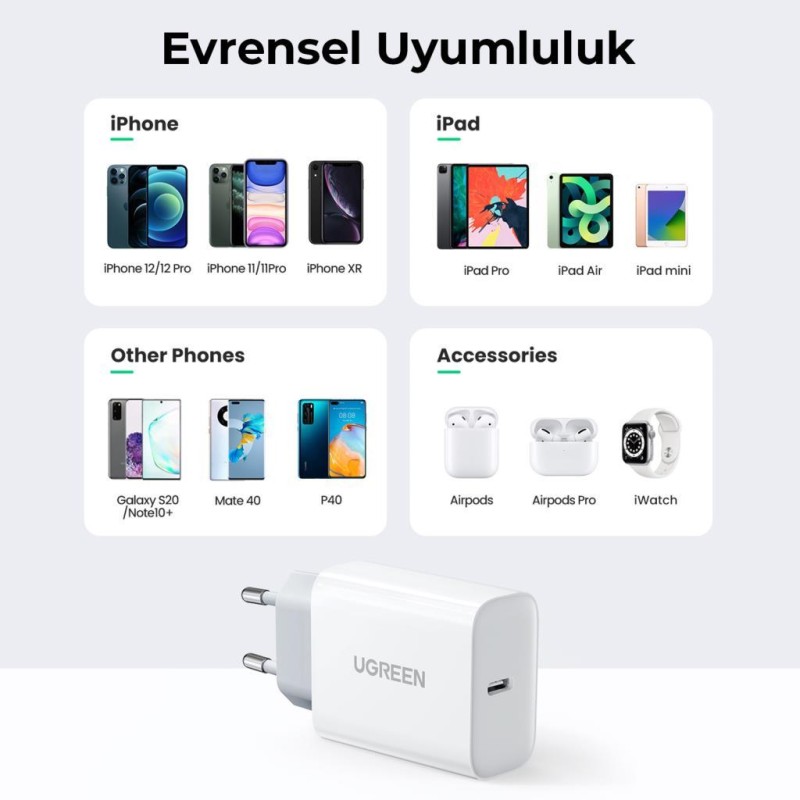 Ugreen 20W PD Şarj Cihazı ve PD to Lightning iPhone Data Şarj Kablosu 1 Met