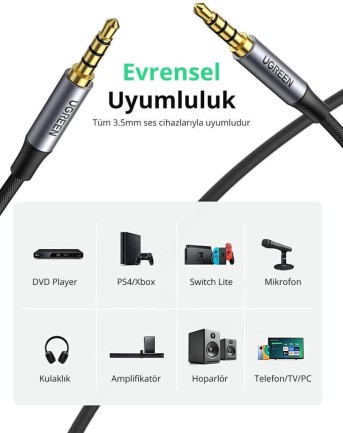 Ugreen 3.5mm Hi-Fi Erkek to Erkek TRRS Aux Ses ve Mikrofon Kablosu 1.5 Metr - Thumbnail