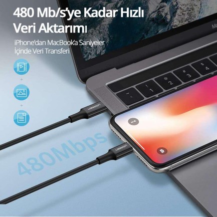 Ugreen Apple iPhone Type-C to Lightning Data ve Şarj Kablosu Siyah 1 Metre - Thumbnail