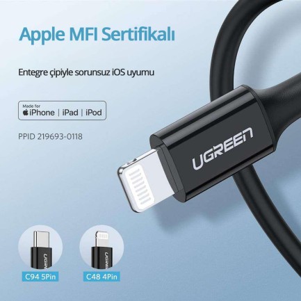 Ugreen Apple iPhone Type-C to Lightning Data ve Şarj Kablosu Siyah 1 Metre - Thumbnail