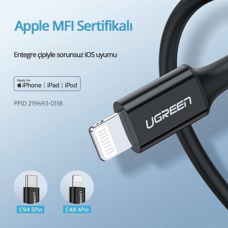 Ugreen Apple iPhone Type-C to Lightning Data ve Şarj Kablosu Siyah 1 Metre