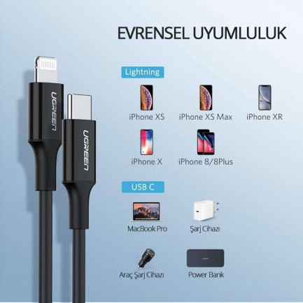 Ugreen Apple iPhone Type-C to Lightning Data ve Şarj Kablosu Siyah 1 Metre - Thumbnail