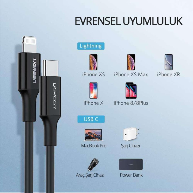 Ugreen Apple iPhone Type-C to Lightning Data ve Şarj Kablosu Siyah 1 Metre