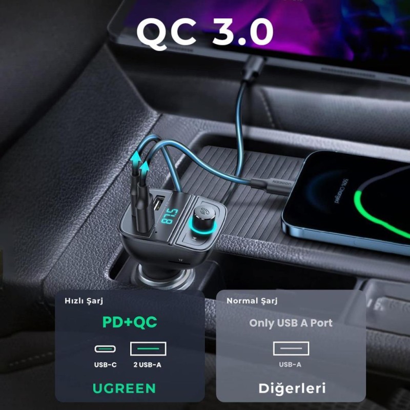 Ugreen Bluetooth 5.0 PD QC 3.0 Micro SD TF Kart Okuyuculu Araç Çakmaklık Şa