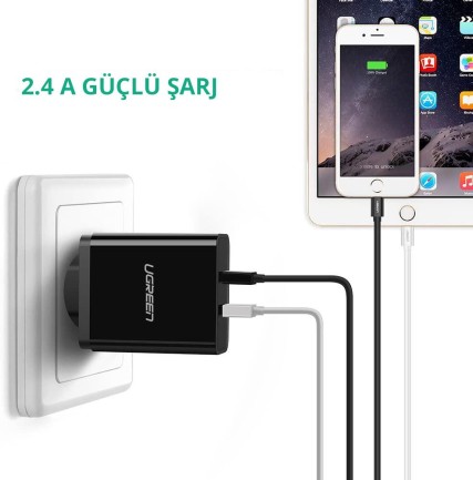 Ugreen iPhone Lightning 2.4A Data ve Şarj Kablosu Siyah 1 Metre - Thumbnail