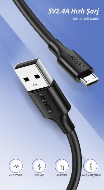 Ugreen Micro USB Data ve Şarj Kablosu Beyaz 1.5 Metre