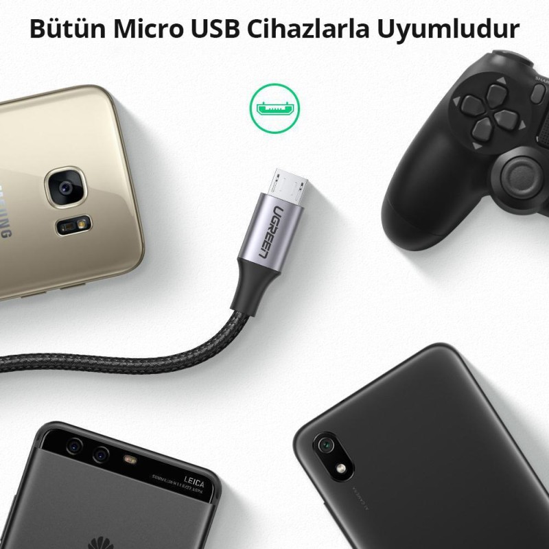 Ugreen Micro USB Örgülü Data ve Şarj Kablosu Beyaz 1 Metre