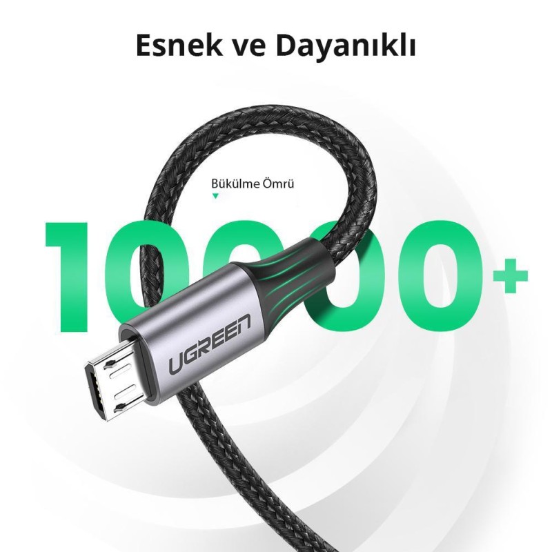 Ugreen Micro USB Örgülü Data ve Şarj Kablosu Beyaz 1 Metre