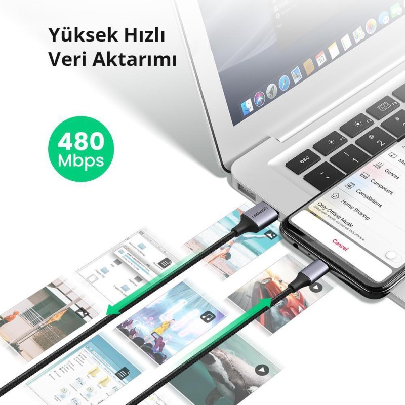 Ugreen Micro USB Örgülü Data ve Şarj Kablosu Beyaz 2 Metre