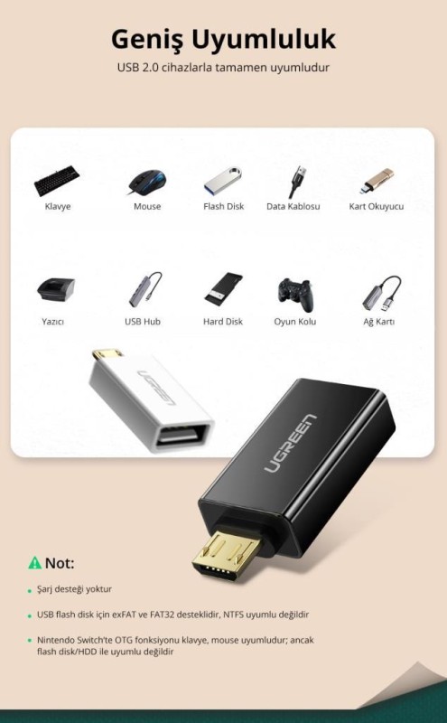 Ugreen Micro USB OTG USB 2.0 Çevirici Adaptör Beyaz