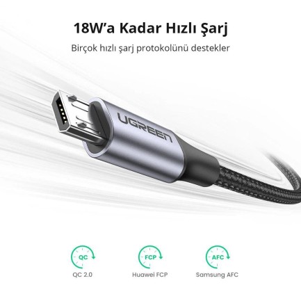 Ugreen Örgülü Micro USB Data ve Şarj Kablosu Siyah 50 CM - Thumbnail