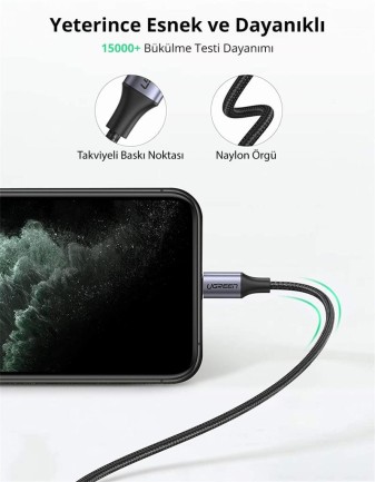 Ugreen Örgülü Type-C to Lightning iPhone Hızlı Şarj Kablosu Siyah 1 Metre - Thumbnail