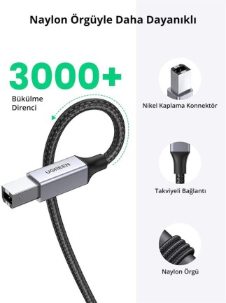 Ugreen USB-A to USB-B 2.0 Örgülü Yazıcı Kablosu 1.5 Metre - Thumbnail