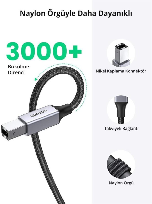 Ugreen USB-A to USB-B 2.0 Örgülü Yazıcı Kablosu 1.5 Metre