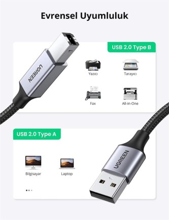 Ugreen USB-A to USB-B 2.0 Örgülü Yazıcı Kablosu 1.5 Metre - Thumbnail