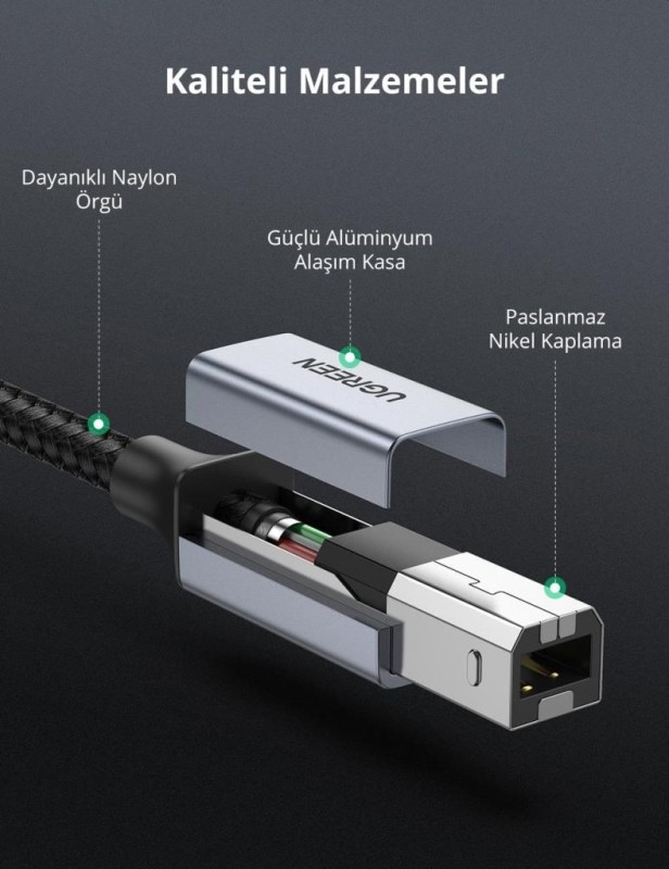 Ugreen USB-A to USB-B 2.0 Örgülü Yazıcı Kablosu 1.5 Metre