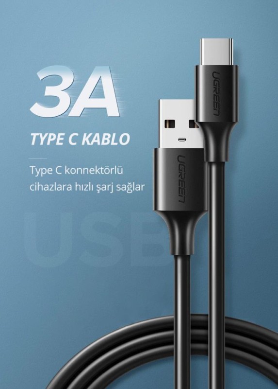 Ugreen USB Type-C Şarj ve Data Kablosu Siyah 25 CM