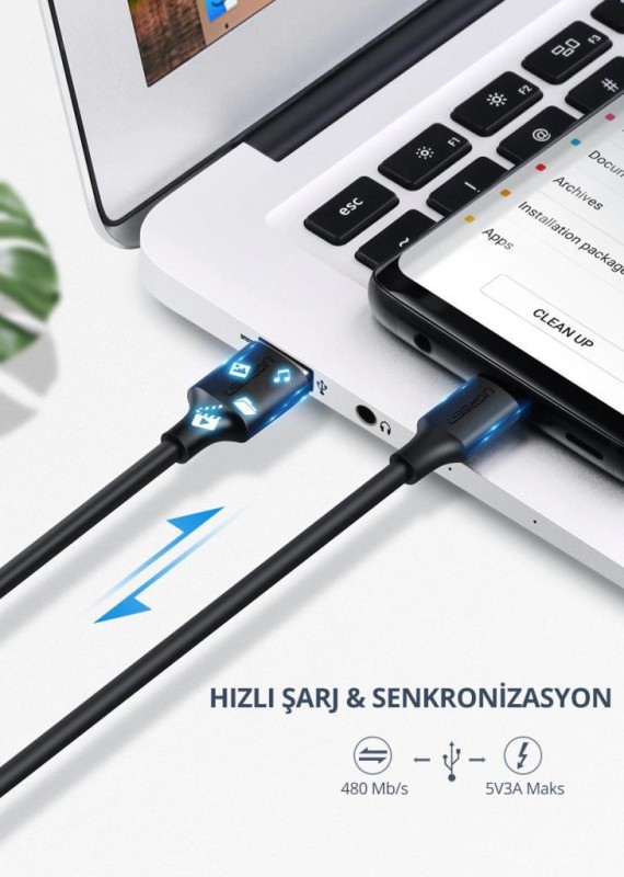 Ugreen USB Type-C Şarj ve Data Kablosu Siyah 25 CM