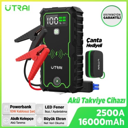 UTRAI - UTRAI JS-1 Pro 16000mAh 2500A Jump Starter Taşınabilir Akü Takviye Cihazı ( Kablosuz Şarj + Pusula + Çanta + Led lamba + Powerbank )