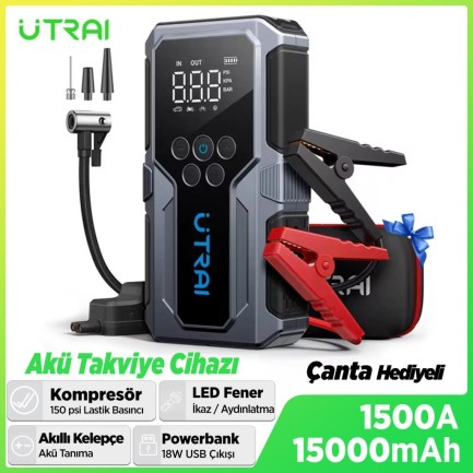 UTRAI - UTRAI JS-9 Jstar 9 15000mAh 1500A Akü Takviye Cihazı + Lastik Şişirme Pompası Taşınabilir Jump Starter (Çanta+Powerbank+Led Lamba+LCD Ekran)