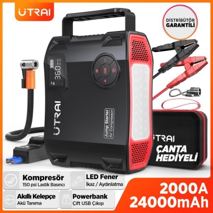 UTRAI - UTRAI Jstar 5 24000mAh 2000A Jump Starter + Lastik Şişirme Pompası Taşınabilir Akü Takviye Cihazı ( Çanta + LCD Ekran + Powerbank + Led Lamba)