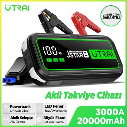 UTRAI - UTRAI Jstar 8 74Wh 20000mAh 3000A Jump Starter Taşınabilir Akü Takviye Cihazı ( Powerbank + Led Lamba + Taşıma Kılıfı + LCD Ekran )