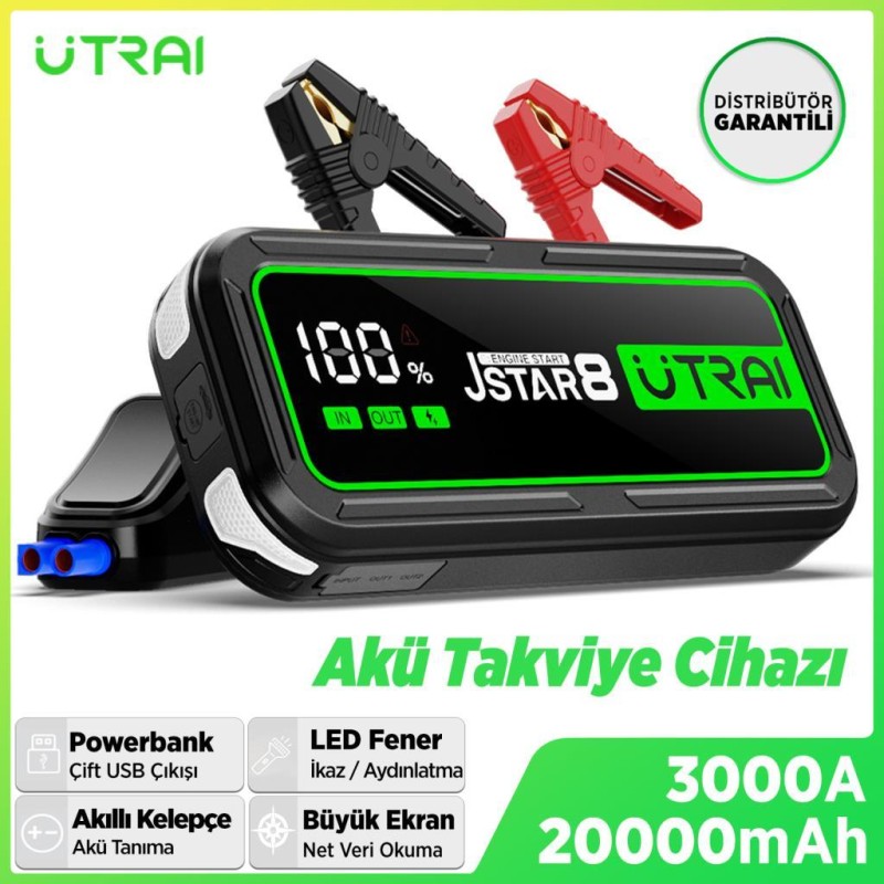 UTRAI Jstar 8 74Wh 20000mAh 3000A Jump Starter Taşınabilir Akü Takviye Cihazı ( Powerbank + Led Lamba + Taşıma Kılıfı + LCD Ekran )