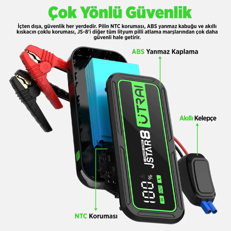 UTRAI Jstar 8 74Wh 20000mAh 3000A Jump Starter Taşınabilir Akü Takviye Cihazı ( Powerbank + Led Lamba + Taşıma Kılıfı + LCD Ekran )