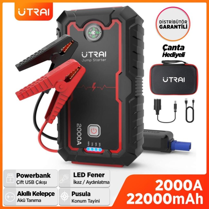 UTRAI Jstar One 22000mAh 2000A Jump Starter Taşınabilir Akü Takviye Cihazı ( Çanta + Pusula + Powerbank + Led Lamba)