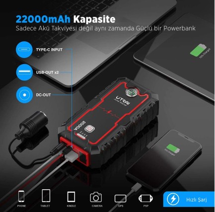 UTRAI Jstar One 22000mAh 2000A Jump Starter Taşınabilir Akü Takviye Cihazı ( Çanta + Pusula + Powerbank + Led Lamba) - Thumbnail