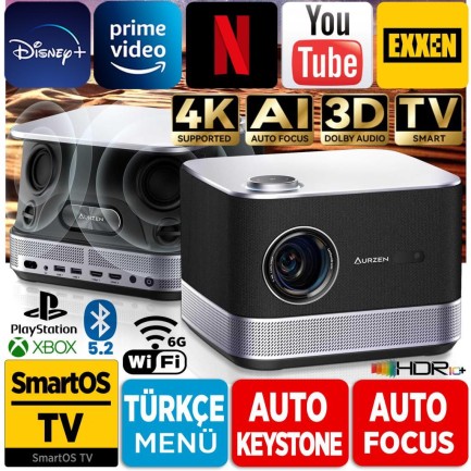 VANKYO - Vankyo Aurzen Boom 3 4K Android TV Projeksiyon Cihazı +Auto Focus+Auto Keystone+6G WiFi+5.2 Bluetooth+300 İnç Yansıtma+36W HiFi Dolby Ses Sistemi - PS5/PS4/XBOX/HDMI