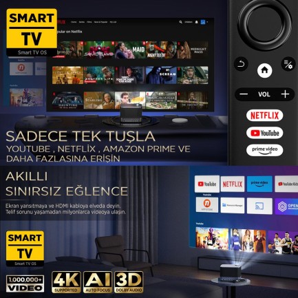 Vankyo Aurzen Boom 3 4K Android TV Projeksiyon Cihazı +Auto Focus+Auto Keystone+6G WiFi+5.2 Bluetooth+300 İnç Yansıtma+36W HiFi Dolby Ses Sistemi - PS5/PS4/XBOX/HDMI - Thumbnail