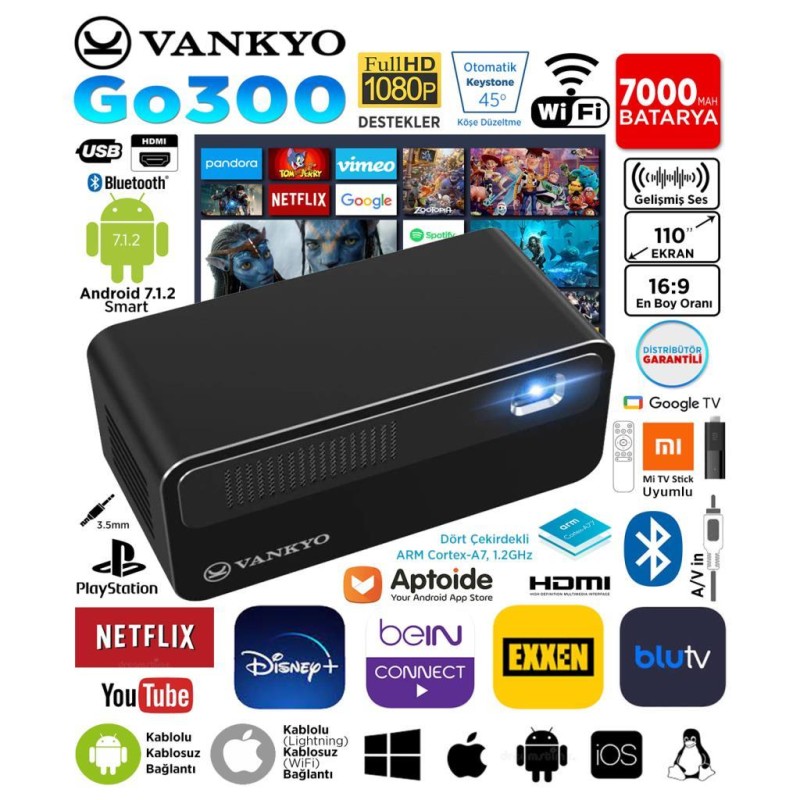 VANKYO GO300 DLP 1080P Android Smart Wi-Fi + Bluetooth Taşınabilir Bataryalı Projeksiyon Cihazı - Dahili Youtube Netflix - 110 İnç Yansıtma - Auto Keystone