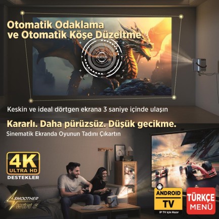 Vankyo H300A Android TV 4K Destekli Projeksiyon Cihazı +Auto Focus+Auto Keystone 6G Wi-Fi+5.2 Bluetooth 240 Inç Yansıtma+HiFi Dolby Ses Sistemi Koyu Gri PS5/PS4/XBOX/HDMI/USB - Thumbnail