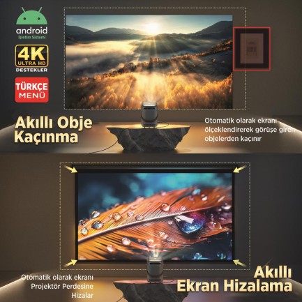 Vankyo H300A Android TV 4K Destekli Projeksiyon Cihazı +Auto Focus+Auto Keystone 6G Wi-Fi+5.2 Bluetooth 240 Inç Yansıtma+HiFi Dolby Ses Sistemi Koyu Gri PS5/PS4/XBOX/HDMI/USB - Thumbnail