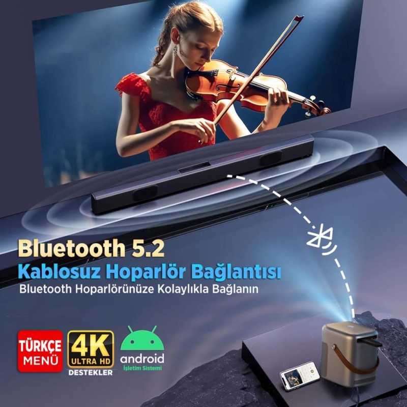 Vankyo H300A Android TV 4K Destekli Projeksiyon Cihazı +Auto Focus+Auto Keystone 6G Wi-Fi+5.2 Bluetooth 240 Inç Yansıtma+HiFi Dolby Ses Sistemi Koyu Gri PS5/PS4/XBOX/HDMI/USB