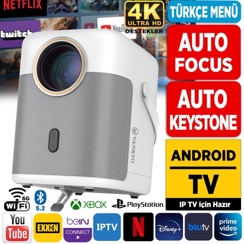 Vankyo H300A Android TV 4K Destekli Projeksiyon Cihazı +Auto Focus+Auto Keystone 6G Wi-Fi+5.2 Bluetooth 240 Inç Yansıtma+HiFi Dolby Ses Sistemi Beyaz PS5/PS4/XBOX/HDMI/USB