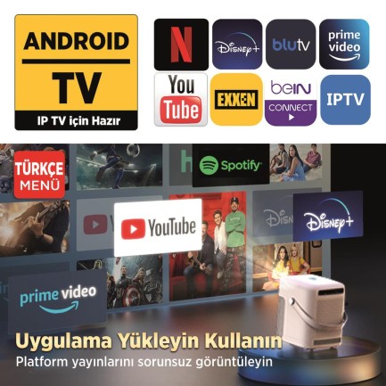 Vankyo H300A Android TV 4K Destekli Projeksiyon Cihazı +Auto Focus+Auto Keystone 6G Wi-Fi+5.2 Bluetooth 240 Inç Yansıtma+HiFi Dolby Ses Sistemi Beyaz PS5/PS4/XBOX/HDMI/USB - Thumbnail