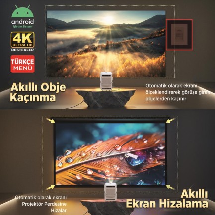 Vankyo H300A Android TV 4K Destekli Projeksiyon Cihazı +Auto Focus+Auto Keystone 6G Wi-Fi+5.2 Bluetooth 240 Inç Yansıtma+HiFi Dolby Ses Sistemi Beyaz PS5/PS4/XBOX/HDMI/USB - Thumbnail