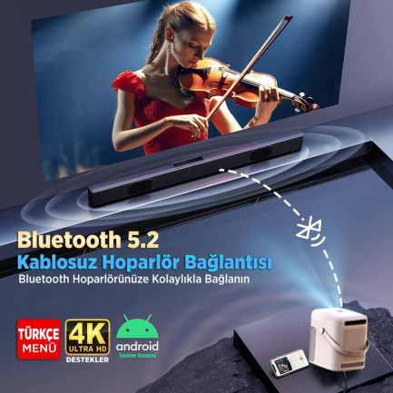 Vankyo H300A Android TV 4K Destekli Projeksiyon Cihazı +Auto Focus+Auto Keystone 6G Wi-Fi+5.2 Bluetooth 240 Inç Yansıtma+HiFi Dolby Ses Sistemi Beyaz PS5/PS4/XBOX/HDMI/USB - Thumbnail