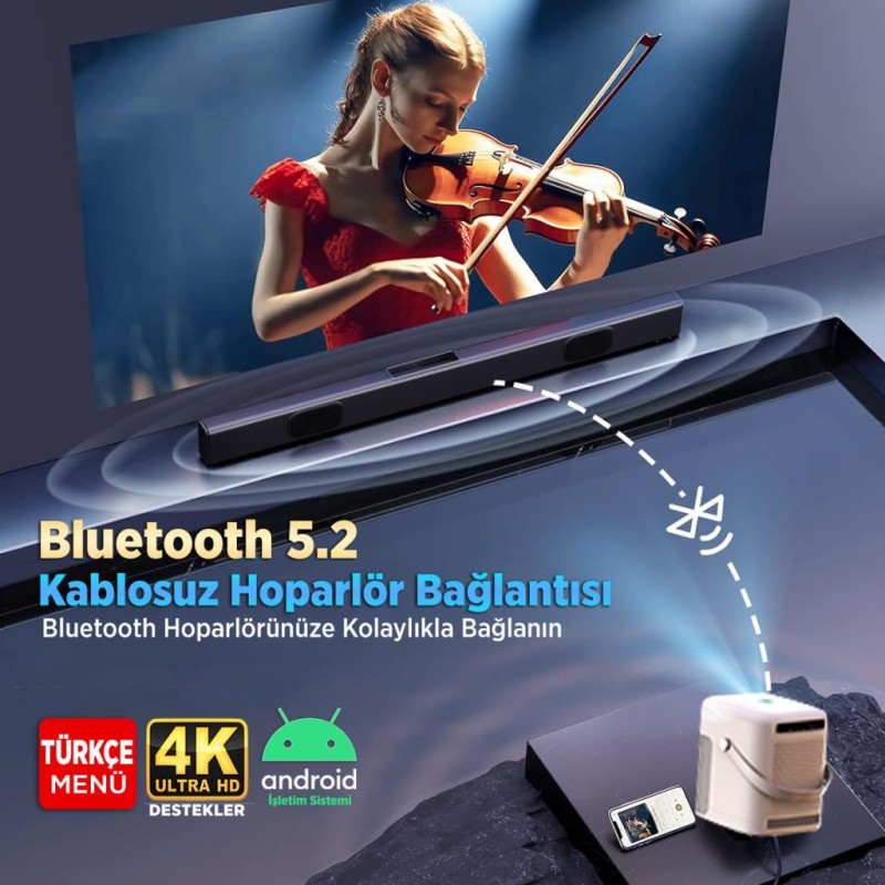 Vankyo H300A Android TV 4K Destekli Projeksiyon Cihazı +Auto Focus+Auto Keystone 6G Wi-Fi+5.2 Bluetooth 240 Inç Yansıtma+HiFi Dolby Ses Sistemi Beyaz PS5/PS4/XBOX/HDMI/USB