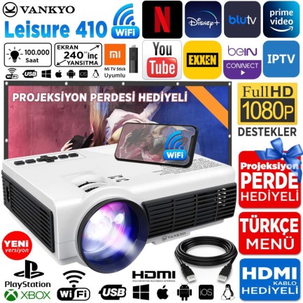 VANKYO - VANKYO Leisure 410 5G WiFi Projeksiyon Cihazı - 1080P Destekli - 240 İnç Yansıtma - Dahili Hoparlör - PS5/PS4/XBOX/HDMI