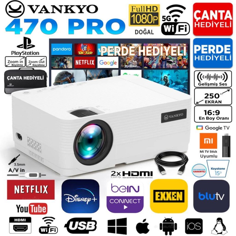 Vankyo Leisure 470 Pro Native 1080P 5G Wi-Fi LCD Led Projeksiyon Cihazı - 250 İnç Yansıtma - Dahili Hoparlör - TV Stick/PS5/HDMI/USB/VGA/AV