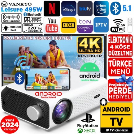 VANKYO - Vankyo Leisure 495W Android TV 4K Destekli Projeksiyon Cihazı 5G Wi-Fi + 5.2 Bluetooth LCD LED - 220 İnç Yansıtma - HiFi Dolby Ses Sistemi
