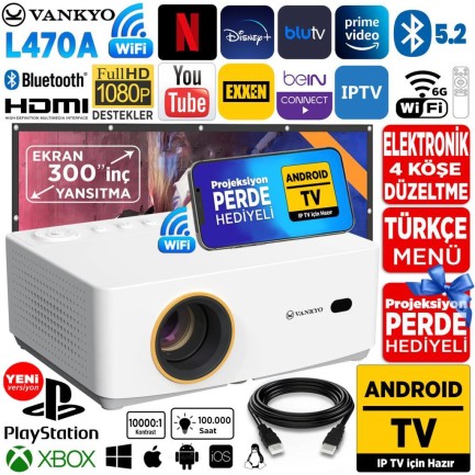 VANKYO - Vankyo Leisure L470A Android TV 1080P Destekli Projeksiyon Cihazı +Auto Focus+Auto Keystone+6G WiFi+5.2 Bluetooth+300 İnç Yansıtma+HiFi Dolby Ses Sistemi Beyaz PS5/XBOX/HDMI/USB/AV