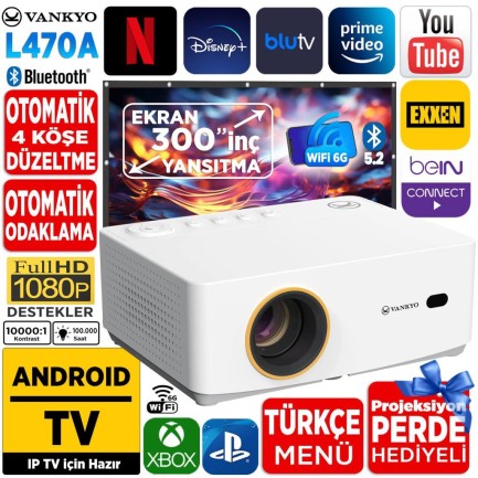 VANKYO - Vankyo Leisure L470A Android TV 1080P Destekli Projeksiyon Cihazı +Auto Focus+Auto Keystone+6G WiFi+5.2 Bluetooth+300 İnç Yansıtma+HiFi Premium Ses Sistemi Beyaz PS5/XBOX/HDMI