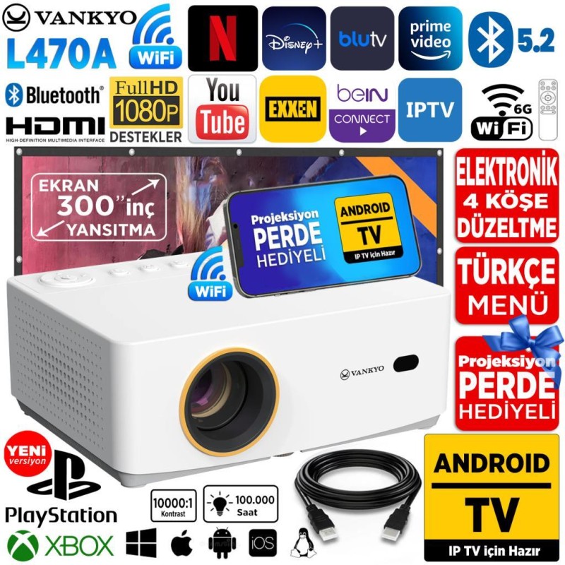 Vankyo Leisure L470A Android TV 1080P Destekli Projeksiyon Cihazı +Auto Focus+Auto Keystone+6G WiFi+5.2 Bluetooth+300 İnç Yansıtma+HiFi Dolby Ses Sistemi Beyaz PS5/XBOX/HDMI/USB/AV