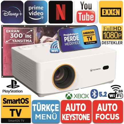 Vankyo Leisure L470A Android TV 1080P Destekli Projeksiyon Cihazı +Auto Focus+Auto Keystone+6G WiFi+5.2 Bluetooth+300 İnç Yansıtma+HiFi Dolby Ses Sistemi Beyaz PS5/XBOX/HDMI/USB/AV - Thumbnail