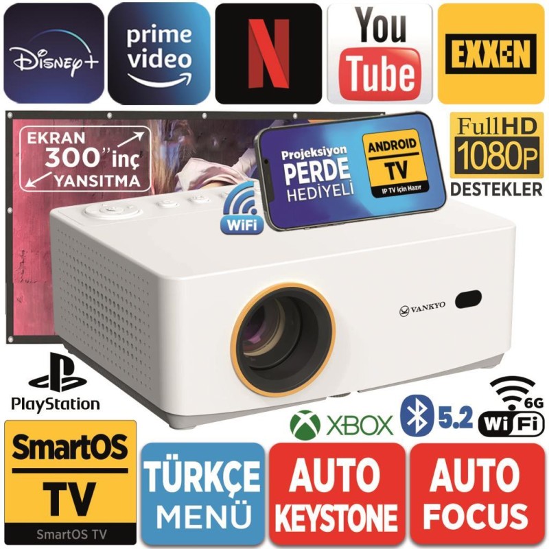 Vankyo Leisure L470A Android TV 1080P Destekli Projeksiyon Cihazı +Auto Focus+Auto Keystone+6G WiFi+5.2 Bluetooth+300 İnç Yansıtma+HiFi Dolby Ses Sistemi Beyaz PS5/XBOX/HDMI/USB/AV